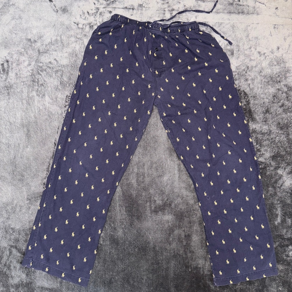 Polo Ralph Lauren Mens Navy Blue Yellow Pony Print Cotton Pajama Pants Size M